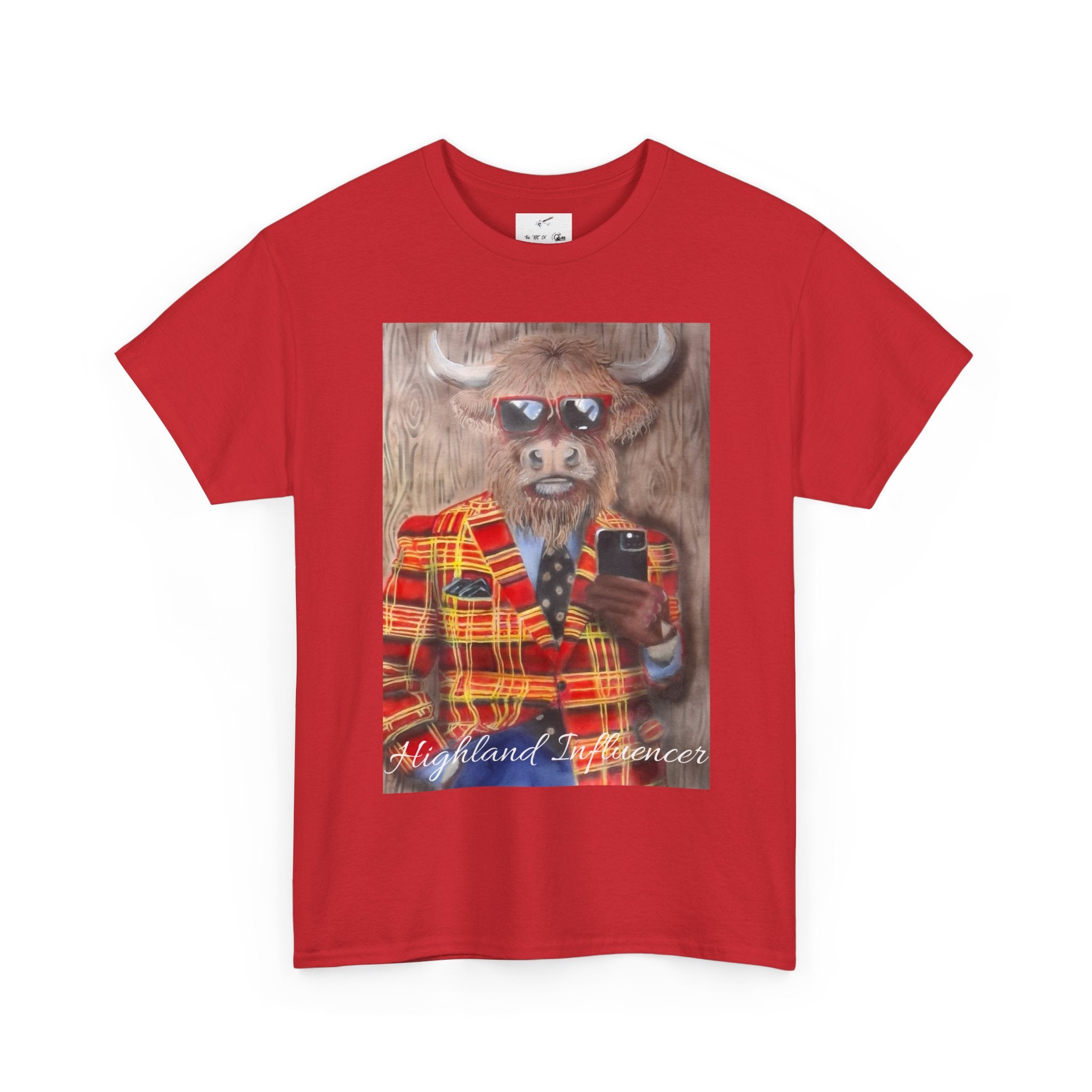 Highland Cow Portrait T‑Shirt — ‘Highland Experience’ Plaid Jacket Graphic Tee