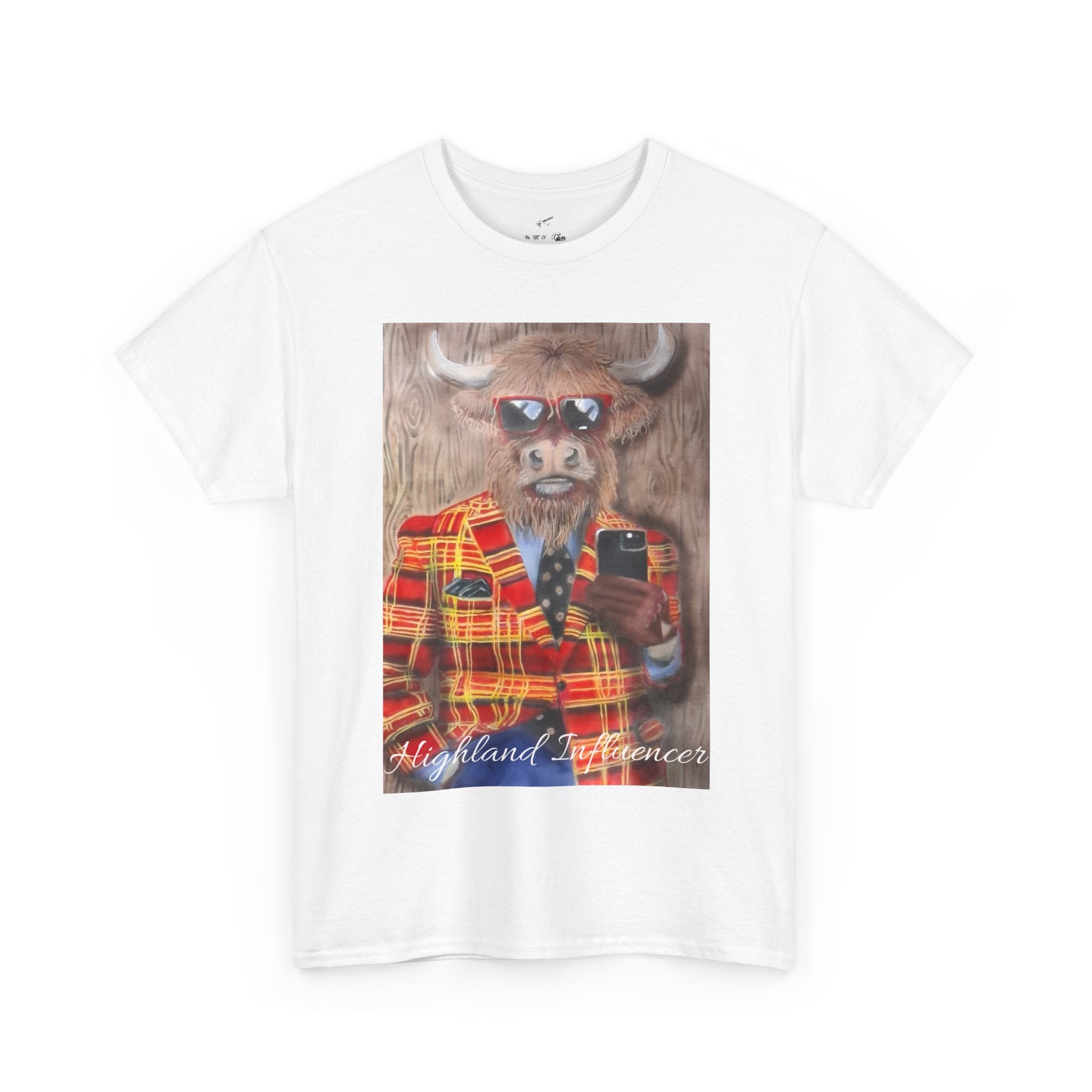 Highland Cow Portrait T‑Shirt — ‘Highland Experience’ Plaid Jacket Graphic Tee
