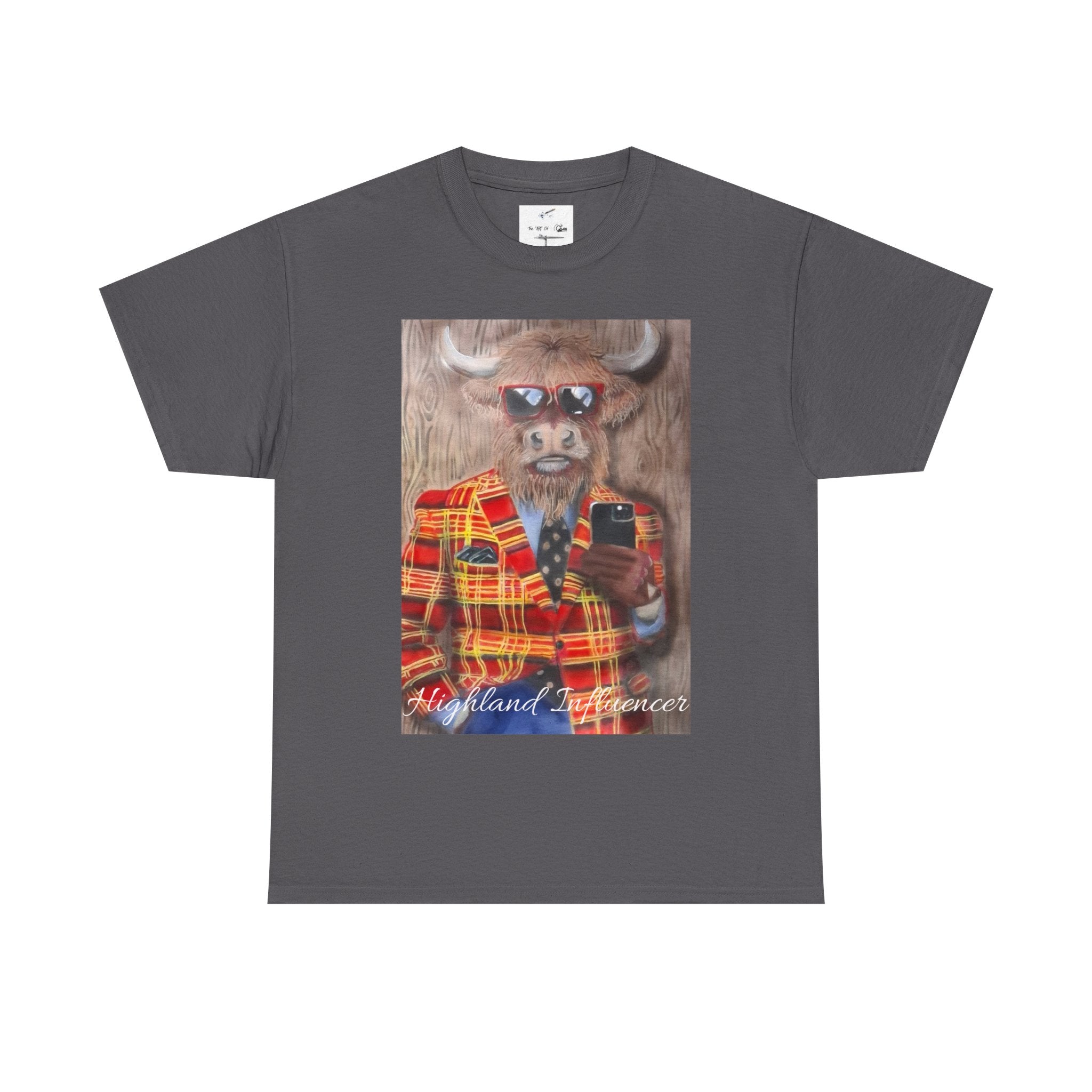Highland Cow Portrait T‑Shirt — ‘Highland Experience’ Plaid Jacket Graphic Tee